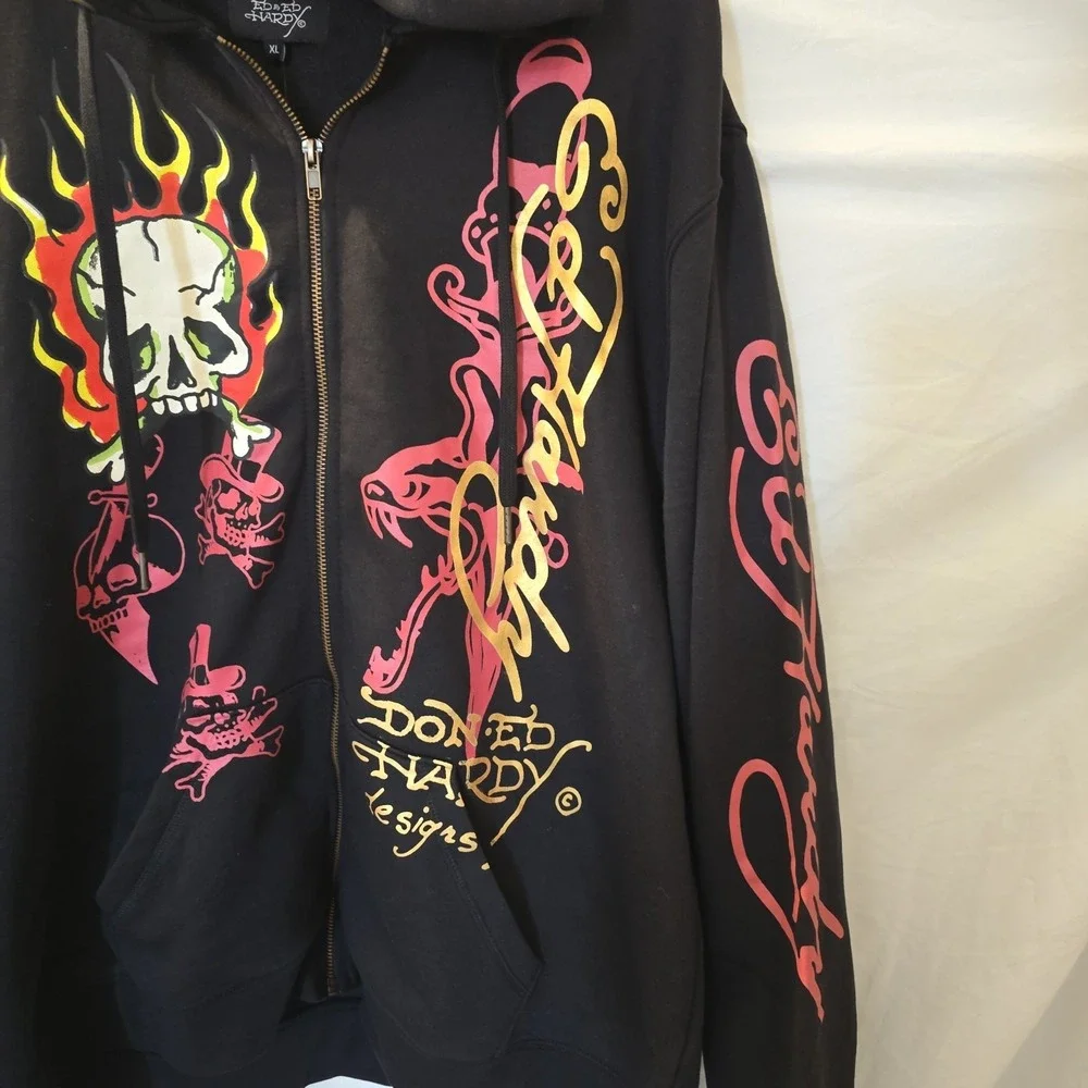 Ed Hardy "Skulls" Graphic Print  Size XL Full Zip Fleece Hoodie Black NWT - Picture 3 of 13
